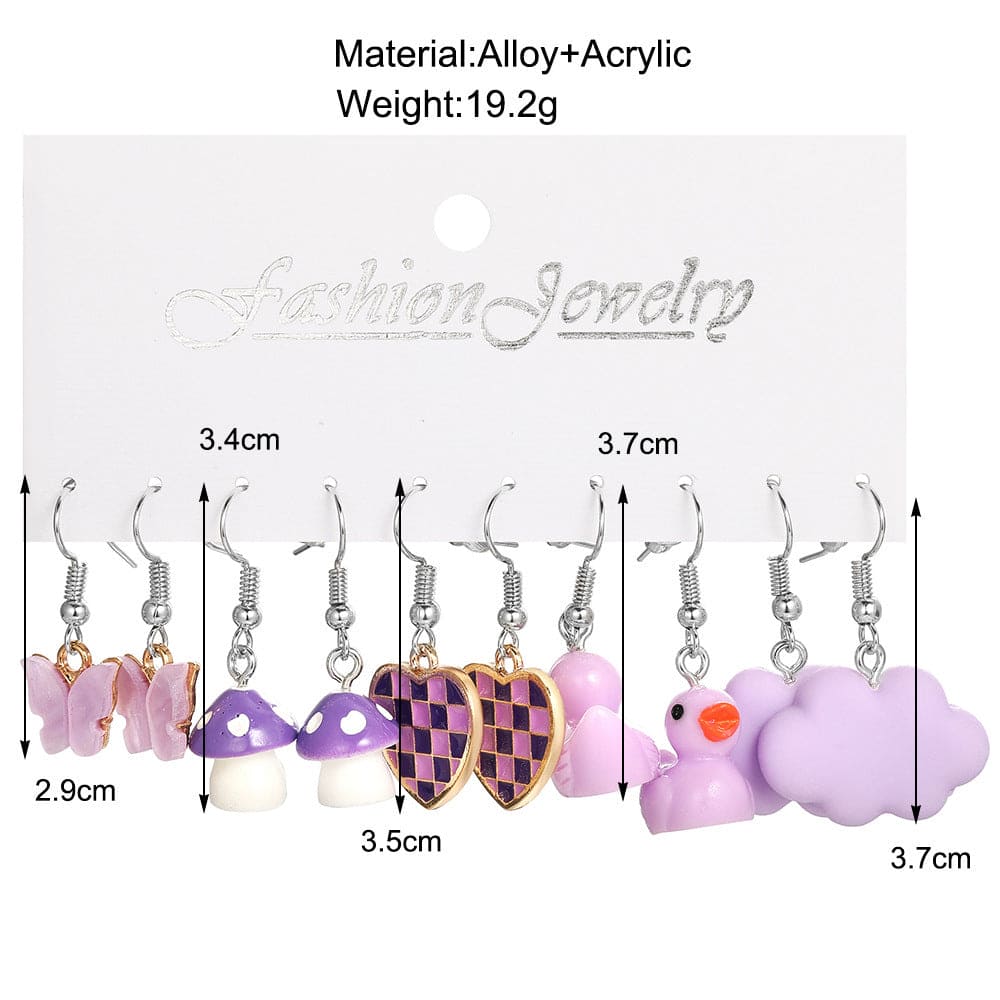 Set Of 5 Trendy Funky Earrings Set, Cute Cartoon Dangle Earrings, Dangle Aesthetic Earrings For Woman Girl, Children Colorful Cartoon Earring Card, Creative Purple Duck & Butterfly & Heart & Mushroom Drop Earrings Set Of 5 Trendy Funky Earrings Set, Cute Cartoon Dangle Earrings, Dangle Aesthetic Earrings For Woman Girl, Children Colorful Cartoon Earring Card, Creative Purple Duck & Butterfly & Heart & Mushroom Drop Earrings